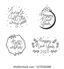 Set of 4 Happy New Year lettering typography designs. Happy New Year. 2020. Vector illustration with lettering composition. New Year's Eve label.