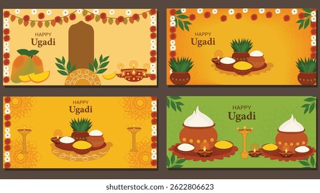 Set of 4 Happy Ugadi Vector Banners: Indian New Year Celebration Graphics