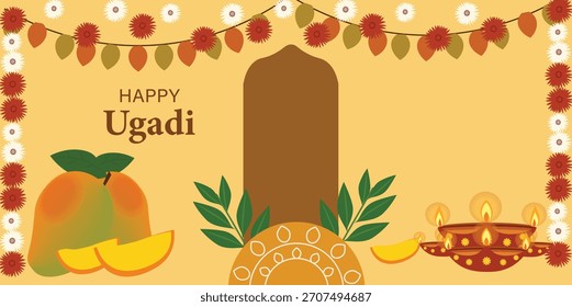 Conjunto de 4 Banners vetoriais felizes Ugadi: Gráficos de celebração de ano novo indiano
