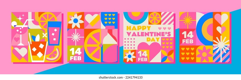 Set of 4 Happy Valentine's Day templates in mosaic style. This design is great for greetings, cards, party invitations, and social media.