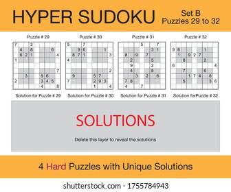 A set of 4 hard scalable hyper sudoku puzzles suitable for kids, adults and seniors and ready for web use, or to be compiled into a standard or large print paperback activity book.