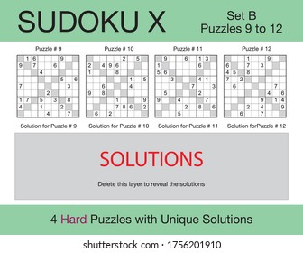 A set of 4 hard scalable sudoku X puzzles suitable for kids, adults and seniors and ready for web use, or to be compiled into a standard or large print paperback activity book.