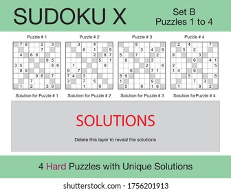 A set of 4 hard scalable sudoku X puzzles suitable for kids, adults and seniors and ready for web use, or to be compiled into a standard or large print paperback activity book.