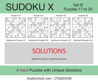 A set of 4 hard scalable sudoku X puzzles suitable for kids, adults and seniors and ready for web use, or to be compiled into a standard or large print paperback activity book.