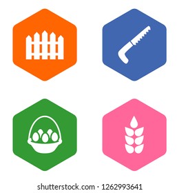 Set of 4 harvest icons set. Collection of handsaw, fence, ear of wheat elements.