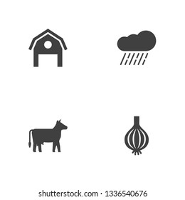 Set of 4 harvest icons set. Collection of cow, barn, rain and other elements.