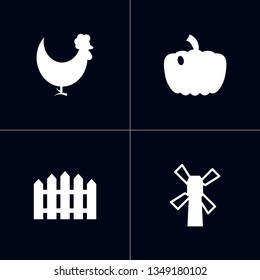 Set of 4 harvest icons set. Collection of pumpkin, fence, mill and other elements.