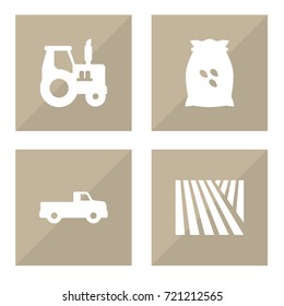 Set Of 4 Harvest Icons Set.Collection Of Farm Vehicle, Field, Pickup And Other Elements.