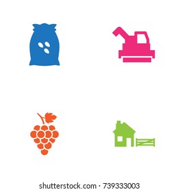 Set Of 4 Harvest Icons Set.Collection Of Sack, Bulldozer, Ranch And Other Elements.