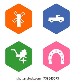 Set Of 4 Harvest Icons Set.Collection Of Talisman, Windmill, Pickup And Other Elements.