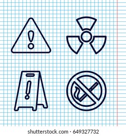 Set of 4 hazard outline icons such as wet floor, warning, radiation