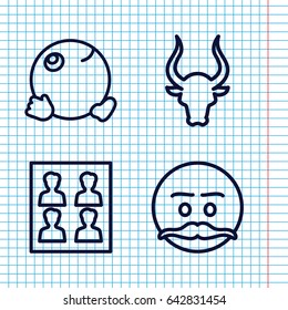 Set of 4 head outline icons such as bull, photo for passport, emot with mustache