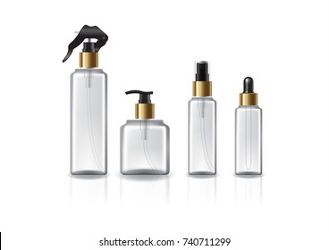 Set of 4 heads/sizes clear square cosmetic bottle with gold ring for beauty, healthy product. Isolated on white background with reflection shadow. Ready to use for package design. Vector illustration.