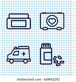 Set of 4 healthcare outline icons such as cream box, case with heart, medicine