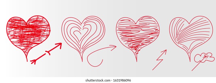 Set of 4 hearts with arrows, red, drawn by hand