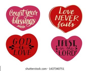 Set of 4 hearts with hand-lettering quotes Count your blessings. God is love. Trust in the Lord. Scripture print. Christian logo. Modern calligraphy. Bible verse. Biblical background