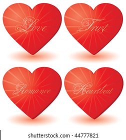 set of 4 hearts with love words, vector illustration