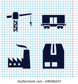 Set of 4 heavy filled icons such as construction crane, cargo container, cargo wagon