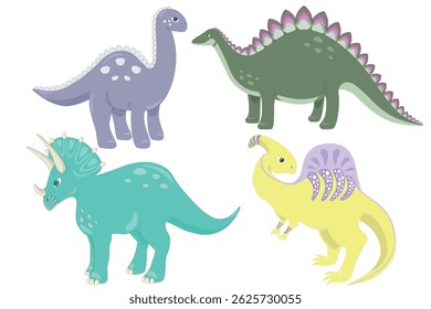A set of 4 herbivorous dinosaurs, childish illustration in pastel colors and stylized elements of spots and ridges, cute flat cartoon style vector illustration isolated on white background
