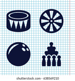 Set of 4 hit filled icons such as drum, bowling, bowling ball