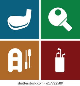 set of 4 hobby filled icons such as golf stick, table tennis, inflatable boat