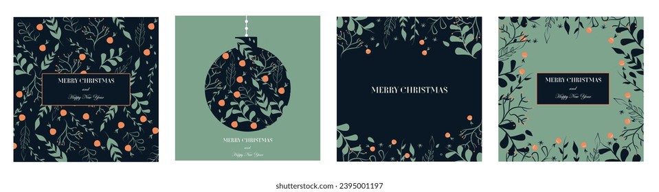 Set of 4 holiday banners and posters. Happy New Year and Merry Christmas. Chinese holiday.  Background. Decoration and celebrate. Vector illustration. Flat. Flowers and berries. William Maurice style