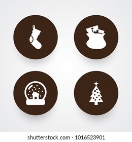 Set of 4 holiday icons set. Collection of socks, fir, magic sphere and other elements.
