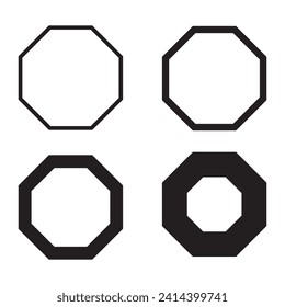 set of 4 Hollow octagon stroke vector shape icon set. 4 set logo type octagonal line shapes with varying degrees of thickness. Isolated on a white background.