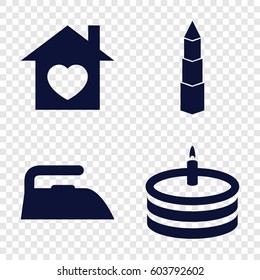 Set of 4 home filled icons such as iron, home with heart, cake