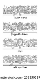 Set of 4 horizontal banners with different food for menu and cookbook decoration. Vector illustration