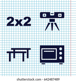 Set of 4 horizontal filled icons such as level ruler, microwave, blackboard