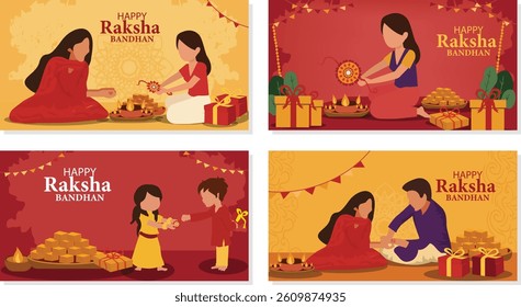 Set of 4 horizontal vector illustrations celebrating Happy Raksha Bandhan. Shows sisters tying Rakhi, gifts and sweets (mithai). Ideal for web banners and greetings.