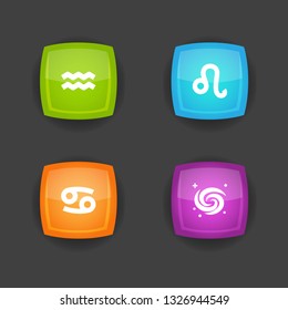 Set of 4 horoscope icons set. Collection of leo, aquarius, galaxy and other elements.