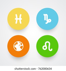 Set Of 4 Horoscope Icons Set.Collection Of Earth Planet, Lion, Fishes And Other Elements.