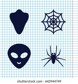 Set of 4 horror filled icons such as animal fang, spider, spider web