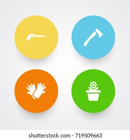Set Of 4 Horticulture Icons Set.Collection Of Hacksaw, Latex, Axe And Other Elements.