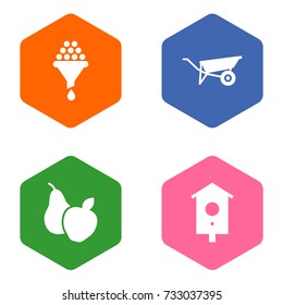 Set Of 4 Horticulture Icons Set.Collection Of Nesting Box, Fruit, Filter And Other Elements.
