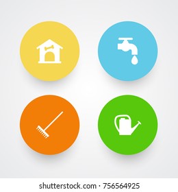 Set Of 4 Horticulture Icons Set.Collection Of Faucet, Kennel, Watering Can And Other Elements.
