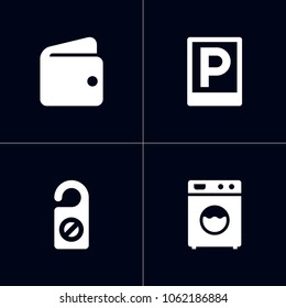 Set of 4 hotel icons set. Collection of wallet, laundromat, parking and other elements.