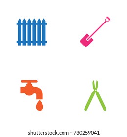 Set Of 4 Household Icons Set.Collection Of Fence, Shears, Shovel And Other Elements.