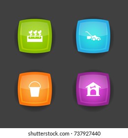 Set Of 4 Household Icons Set.Collection Of Bucket, Kennel, Lawn Mower And Other Elements.