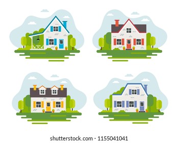 Set of 4 сute houses in flat style, vector illustration, real estate, housing, renting, investment, property management concept illustration.