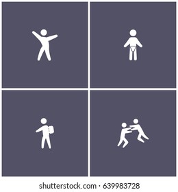 set of 4 human elements such as dancer, wrestler, baby and Backpacker running icon