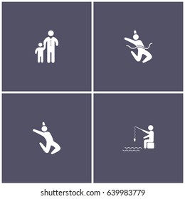set of 4 human elements such as father and son, dancer, finishing the race and man fishing icon