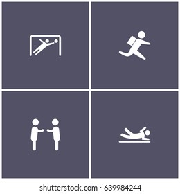 set of 4 human elements such as goalkeeper, Backpacker running, shaking and exercise icon
