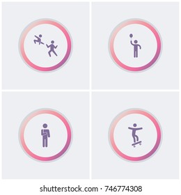 set of 4 human elements such as karate, man with balloon, broken hand and skateboarding icon