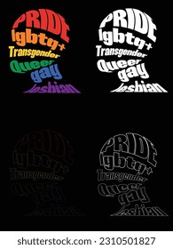 Set of 4 human heads for lgbt pride month. vector with text on black background.Pride,lgbtq+,transgender,queer,gay,lesbian rights.Activism,human rights,freedom and tolerance