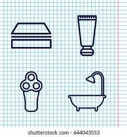 Set of 4 hygiene outline icons such as cream tube, electric razor, sponge