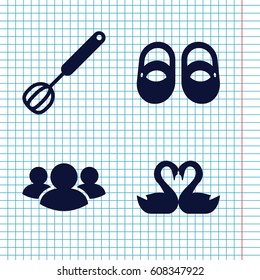 Set of 4 icon filled icons such as baby shoes, swan heart, group