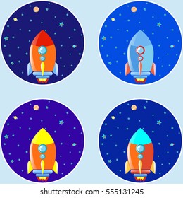 Set 4 icons cards rocket in space, flat design vector illustration